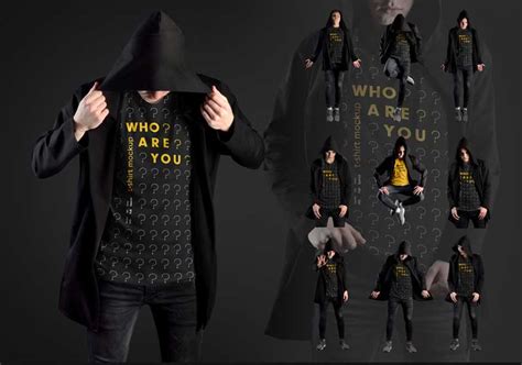 Download 11 Mockups Man T-Shirts in a Black Hood Mantle - Free PSD ...