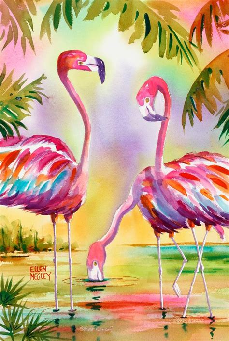 Original Watercolor Flamingo Painting Colorful Art Tropical