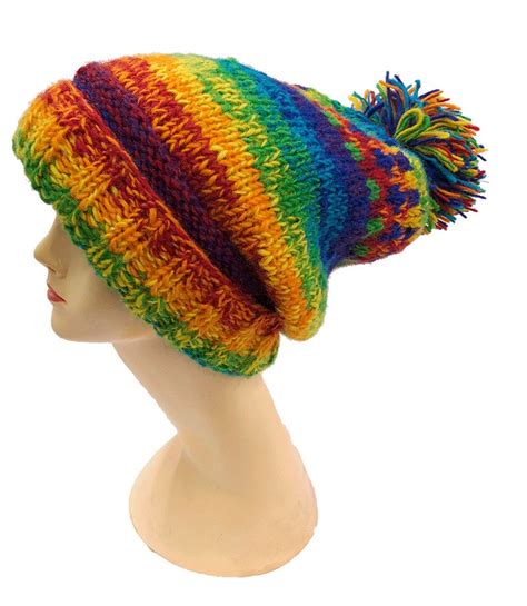 Patterned 100 Wool Hand Knitted Bobble Rainbow Colour Hat Cap Etsy