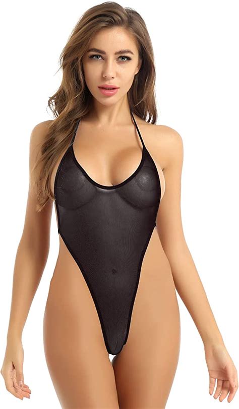 freebily women one piece monokini swimwear sheer mesh halter neck backless high cut leotard