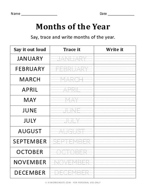 Months Of The Year Traceable Worksheet