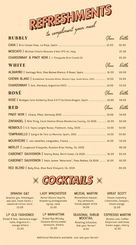 BEVERAGES — Lonely Pine Steakhouse