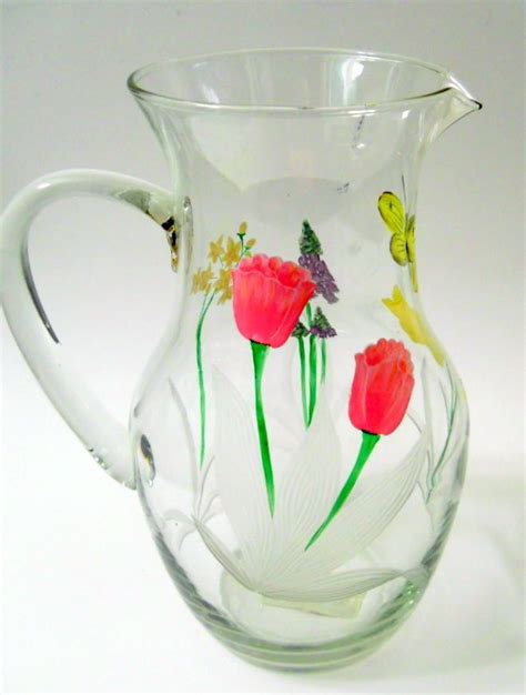 Mww Glass Pitcher 4 Drinking Glasses Hand Painted Flowers Bees