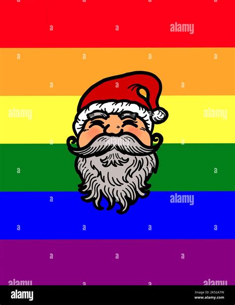 illustration drawing of santa claus face on gay pride rainbow flag background christmas