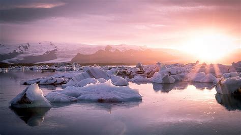 Glaciers Lagoon Iceland Sun Nature Landscape Jokulsarlon Hd