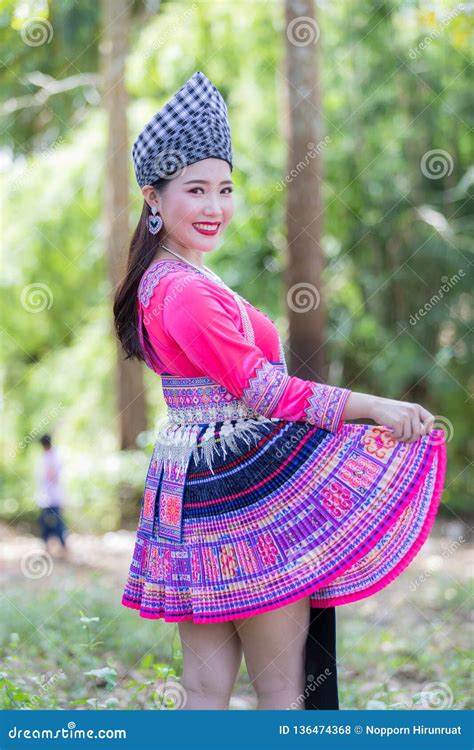 Hmong Girl In Beautiful Dress Colorful And Fashion Mixed Between New And Old Culture Is
