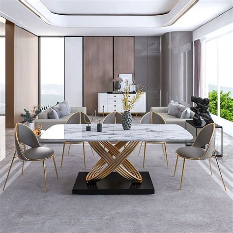 White Marble Dining Table Rectangular Modern Minimalist Design Luxury