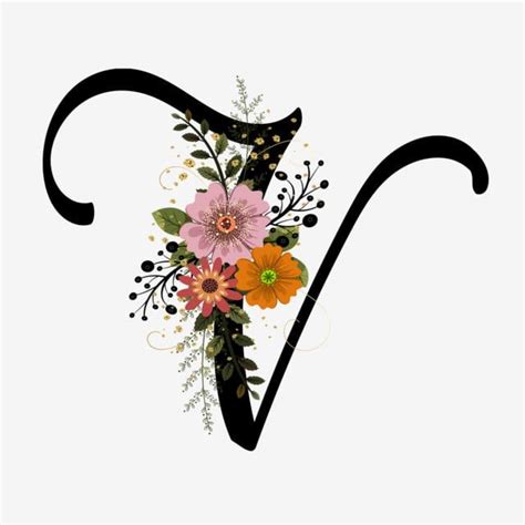 Alphabet Letter V With Flowers Vintage Png Image Text Effect Eps For