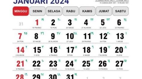 Daftar Kalender Januari 2024 Lengkap Dengan Tanggal Merah Dan