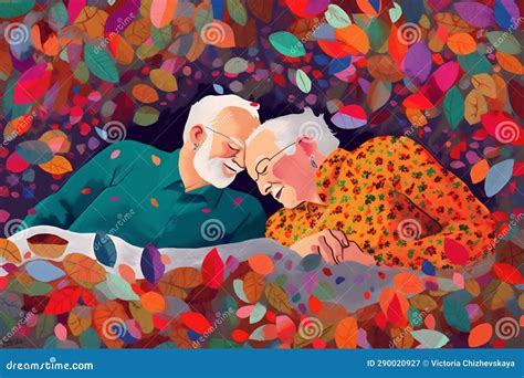 asleep woman man couple together bed retired flowers love male happy old generative ai stock