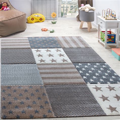 Wunderschöner, hochqualitativer und handgetufteter runder teppich mit stern grau/mint. Kinderzimmer Teppich Sterne Karo Beige | TeppichCenter24