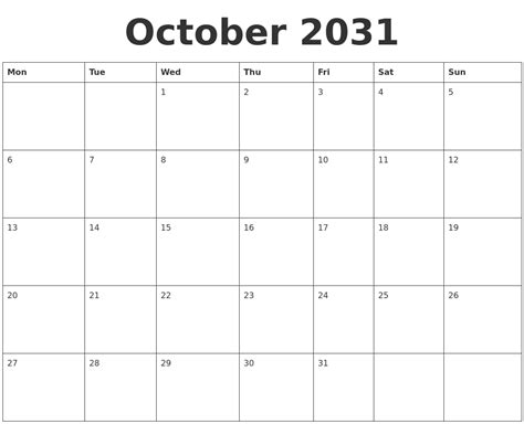 October 2031 Blank Calendar Template