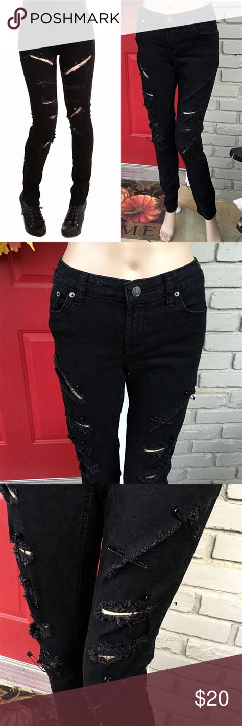 Hot Topic Black Distressed Safety Pin Skinny Jeans Skinny Jeans Skinny Hot Topic