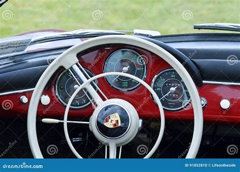 Steering Wheel And Dashboard Of Red Vintage Retro 1958 Porsche 356