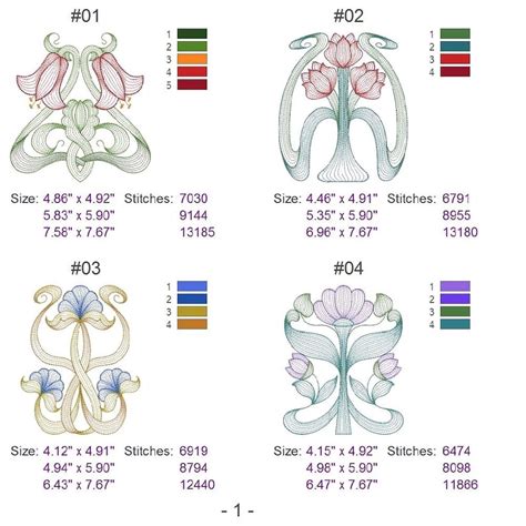 Rippled Art Nouveau Flowers Machine Embroidery Designs Instant Etsy