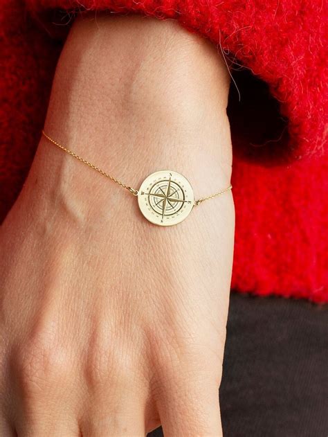 14k Solid Gold Compass Disc Bracelet Gold Nautical Jewelry Engraved
