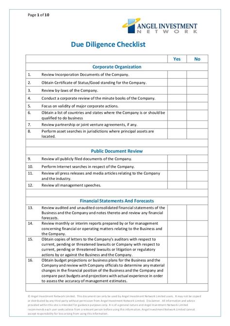 Sample Due Diligence Checklist The Document Template