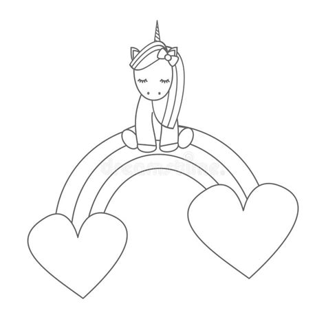 Cute Cartoon Unicorn Sitting On A Rainbow With Hearts Vector Black And
