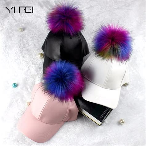 New High Quality Fur Colors Ball Baseball Cap For Women Leather Pu