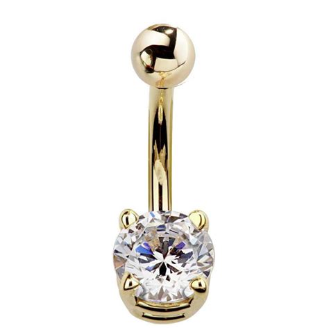 Round Solitaire Cubic Zirconia 14k Gold Belly Button Ring FreshTrends