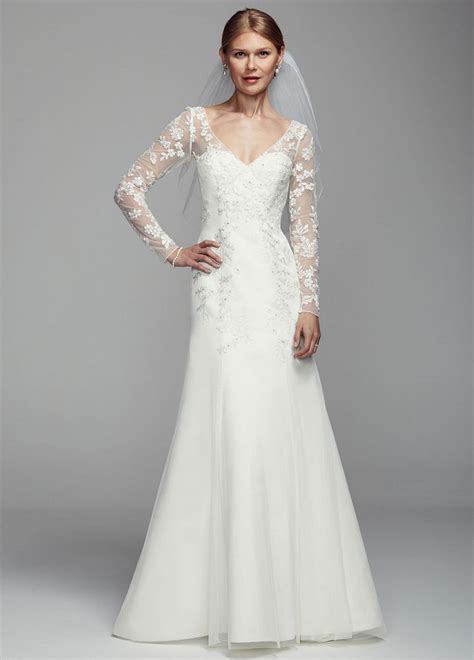 David S Bridal Long Illusion Sleeve Tulle Wedding Dress With Floral Detail Ebay
