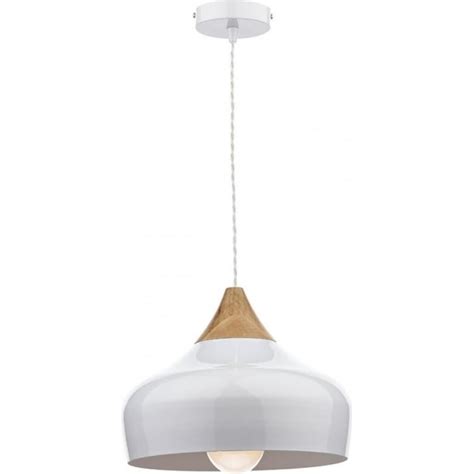 Nordic Style Gloss White Ceiling Pendant Light With Wood Detailing