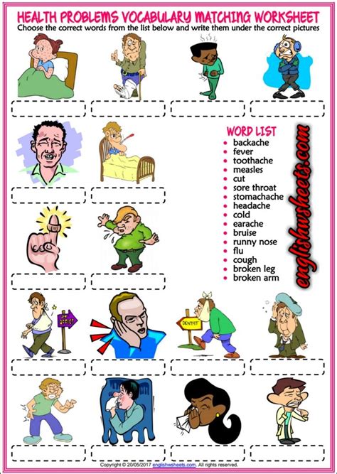 Health Problems Esl Vocabulary Matching Exercise Worksheet Health Esl