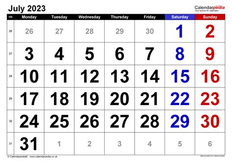 Calendar July 2023 Uk With Excel Word And Pdf Templates