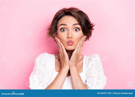 Photo Portrait Of Cute Young Woman Impressed Palms Touch Face Pouted Lips Dressed Trendy White