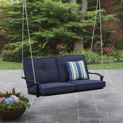 Mainstays Belden Park Outdoor 2 Seat Cushioned Patio Swing Blue Porch Swing