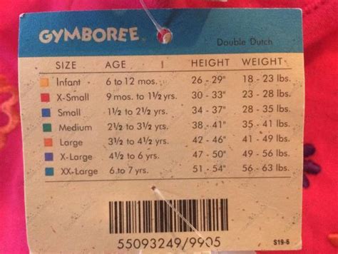 1997 Gymboree Double Dutch Size Chart Girl Kid Size Chart