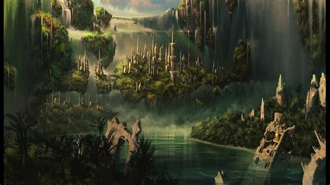 Download Fantasy City 3d Art Green Water Waterfall By Vnewman82
