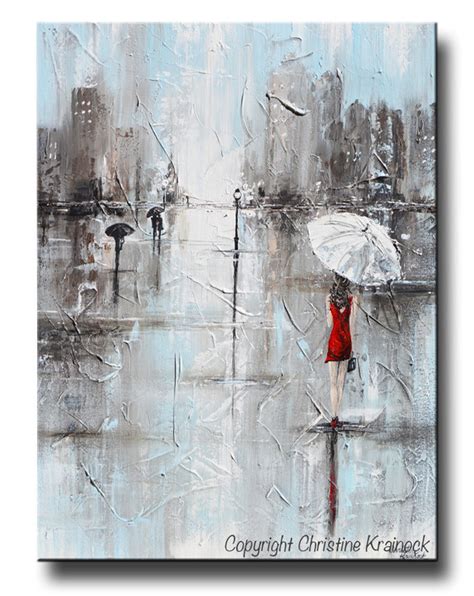 Giclee Print Art Abstract Painting Girl Red Umbrella Grey