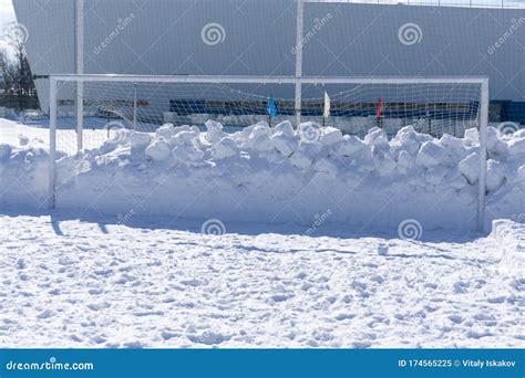 Football Pitch Soccer Field In Winter Snow Stock Image Image Of Shape