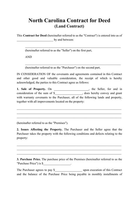North Carolina Contract For Deed Land Contract Fill Out Sign