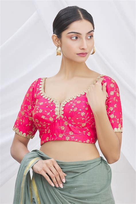 Buy Pink Silk Sweetheart Neck Embroidered Saree Blouse For Women By