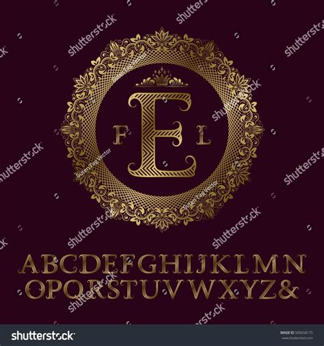 Zigzag Striped Gold Letters And Initial Monogram In Round Floral Frame