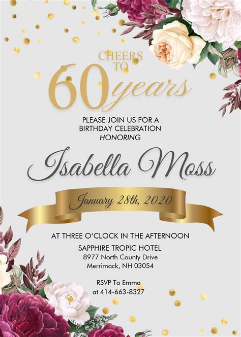 Floral 60th Birthday Invitation Templates Editable With Ms Word Download Hundreds Free