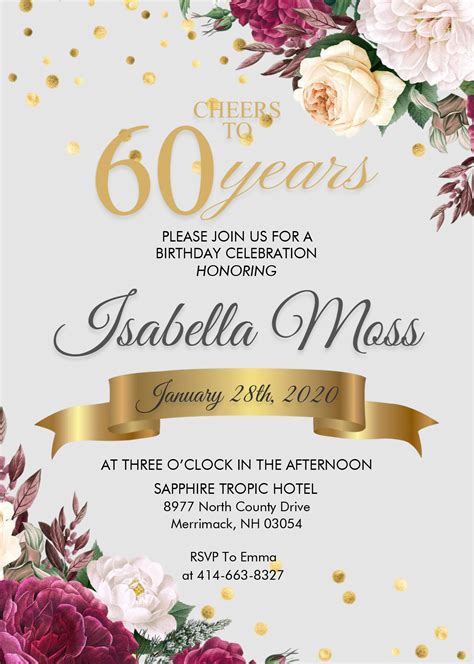 Floral 60th Birthday Invitation Templates – Editable With MS Word