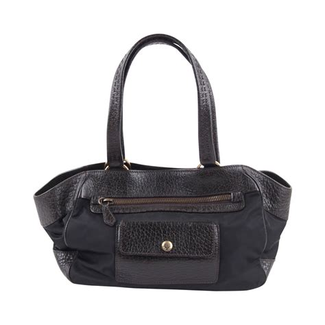 Prada Black Canvas And Dark Brown Leather Tote Handbag With Front