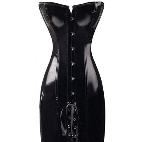 Gothic Womens Sexy Wetlook Pvc Faux Leather Corset Dress Long Black Re