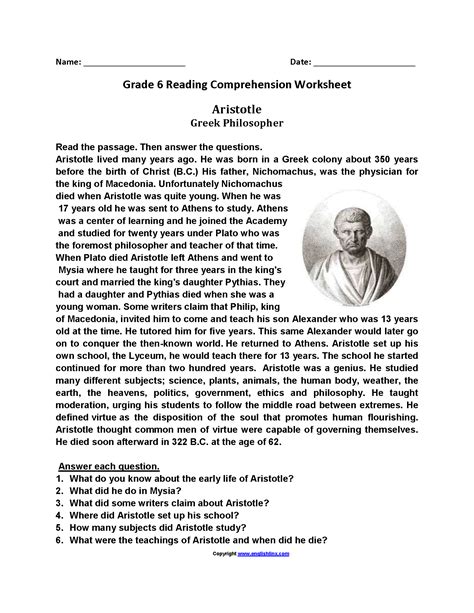 English Comprehension Worksheets For Grade 6