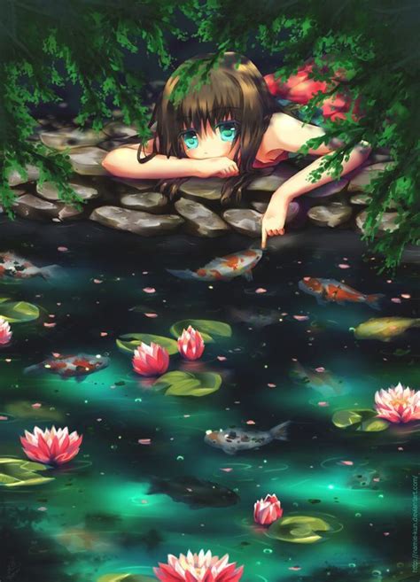 A Cute But Sad Manga Girl Plays With Koi Fish And Lotus Flowers In This