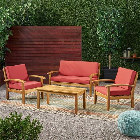Noble House 4 Piece Wood Patio Seating Set With Red Cushions 11057