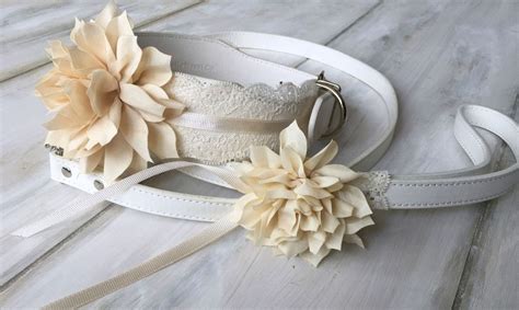 Wedding Dog Collarleash Set With Lace And Ivory Bloom In White Leather