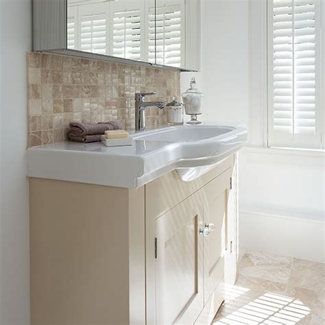For small bathrooms, narrow vanities and sinks can make great differences. Bathroom with cream and white vanity unit | Decorating ...