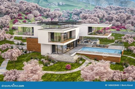 3d Rendering Of Modern House By The River In Spring Stock Illustration
