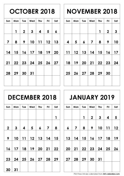 October November December 2018 January 2019 A4 Calendar August