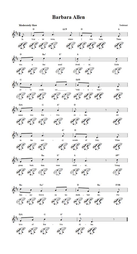 Barbara Allen Chords Sheet Music And Tab For 12 Hole Ocarina With Lyrics