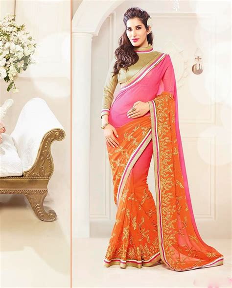 Orange And Pink Shaded Sari With Golden Blouse Party Wear Sarees